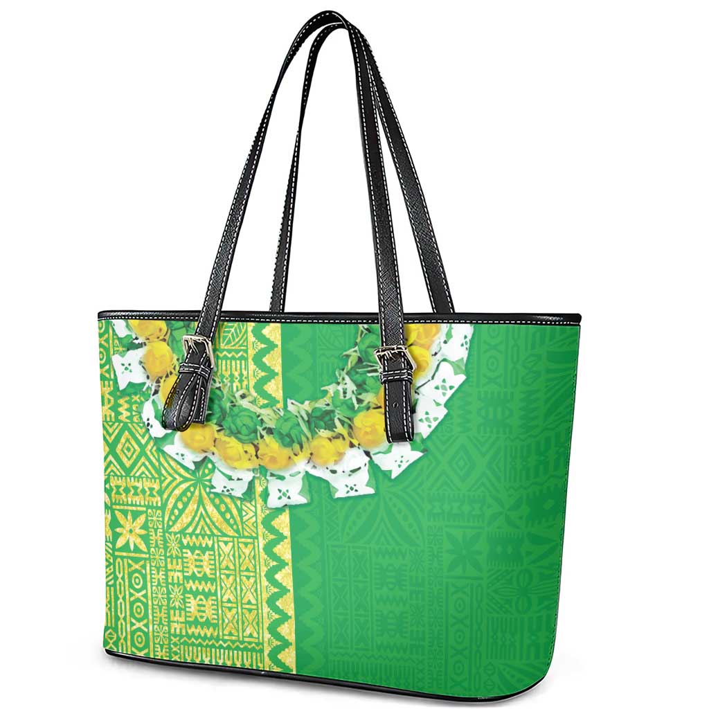 Fiji Lovoni Leather Tote Bag Fijian Tapa Salusalu Green Glitter