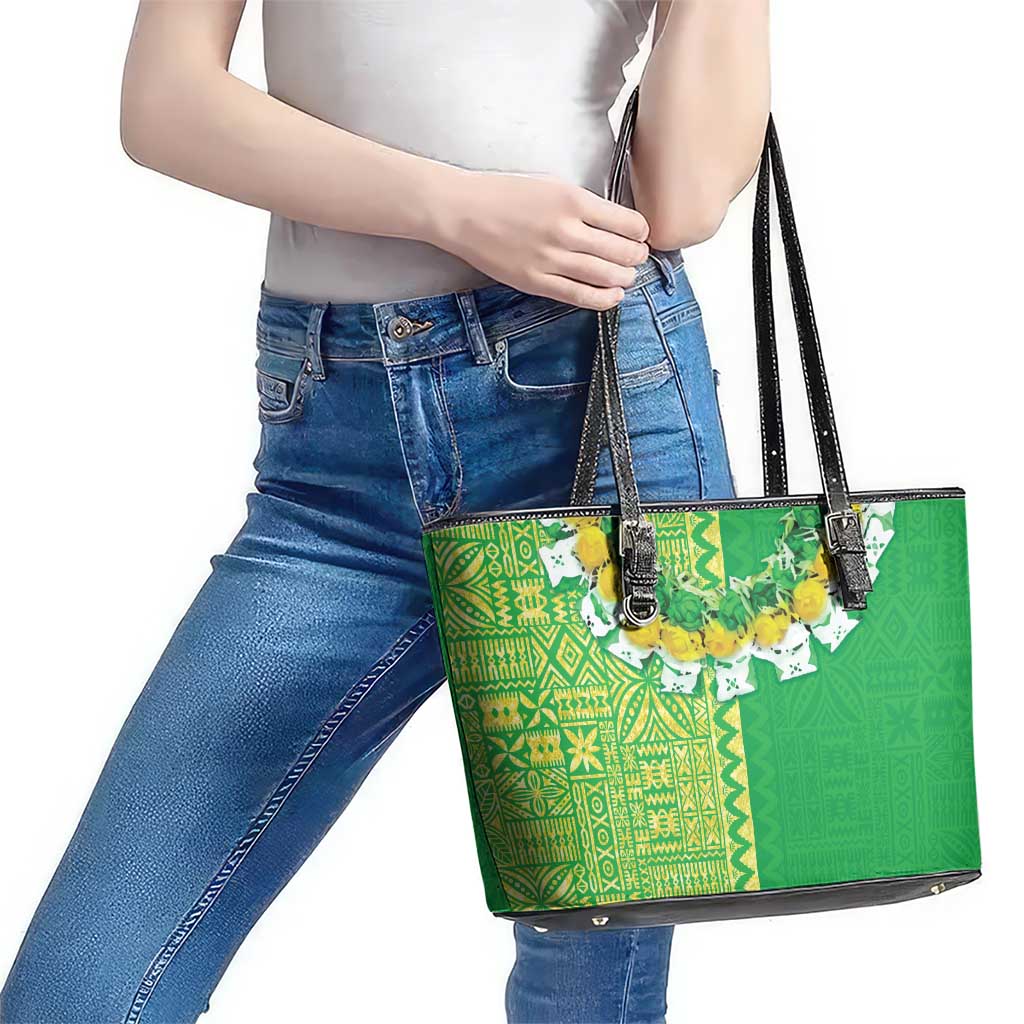 Fiji Lovoni Leather Tote Bag Fijian Tapa Salusalu Green Glitter