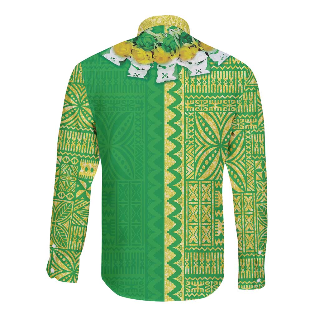Fiji Lovoni Long Sleeve Button Shirt Fijian Tapa Salusalu Green Glitter