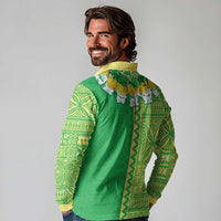 Fiji Lovoni Long Sleeve Polo Shirt Fijian Tapa Salusalu Green Glitter