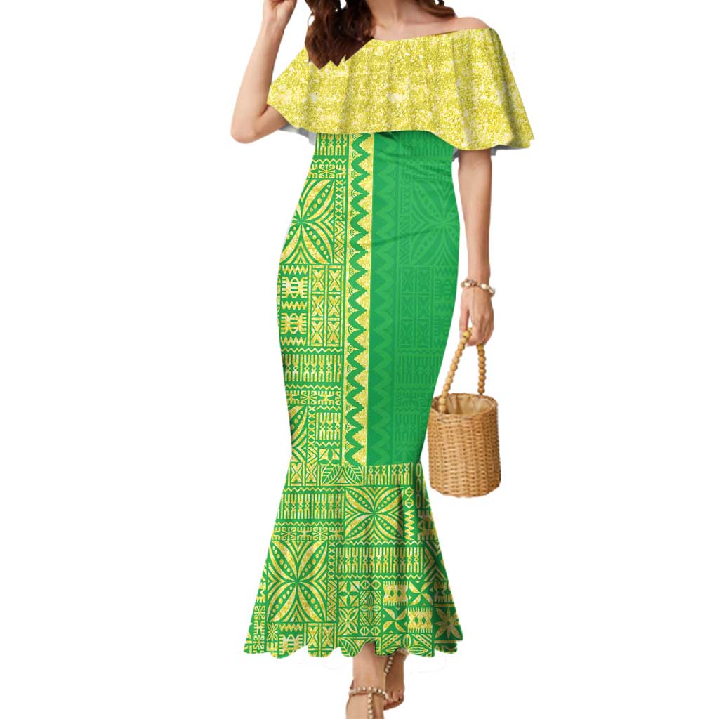 Fiji Lovoni Mermaid Dress Fijian Tapa Salusalu Green Glitter