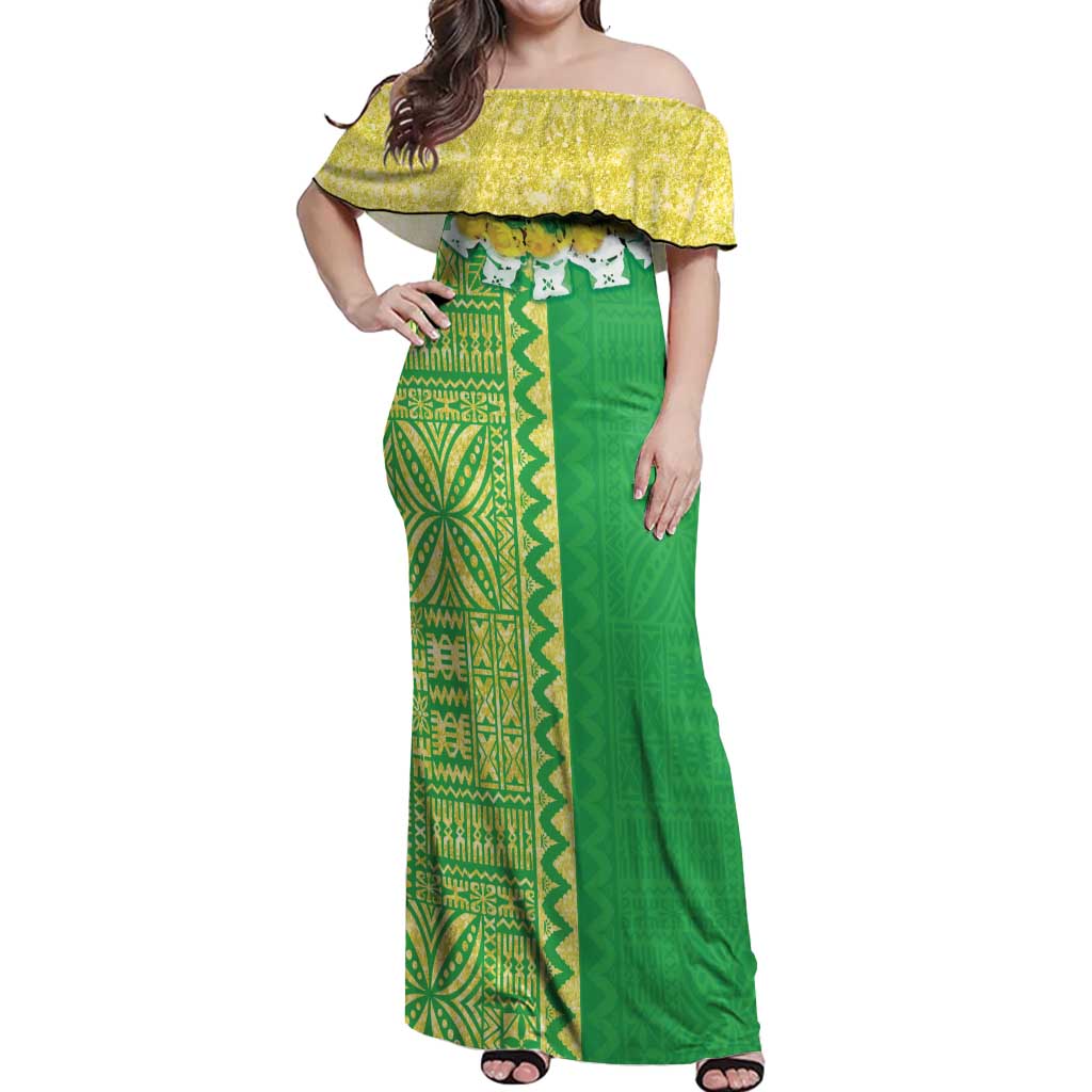 Fiji Lovoni Off Shoulder Maxi Dress Fijian Tapa Salusalu Green Glitter