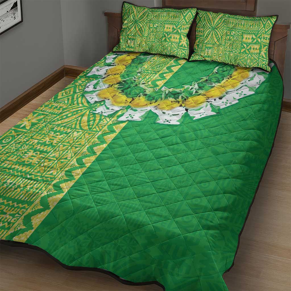 Fiji Lovoni Quilt Bed Set Fijian Tapa Salusalu Green Glitter