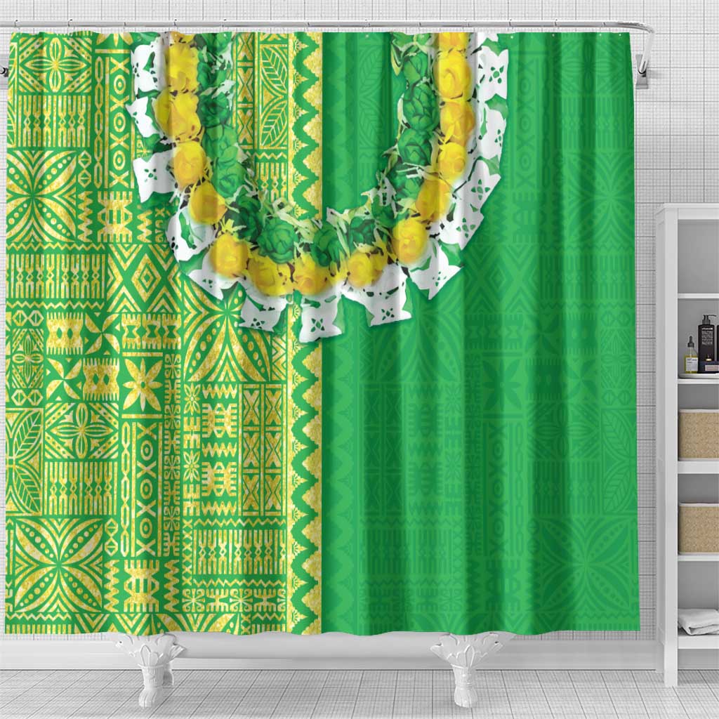 Fiji Lovoni Shower Curtain Fijian Tapa Salusalu Green Glitter