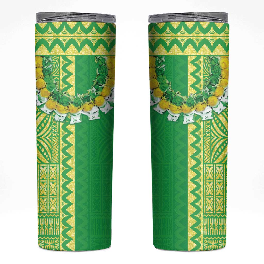 Fiji Lovoni Skinny Tumbler Fijian Tapa Salusalu Green Glitter