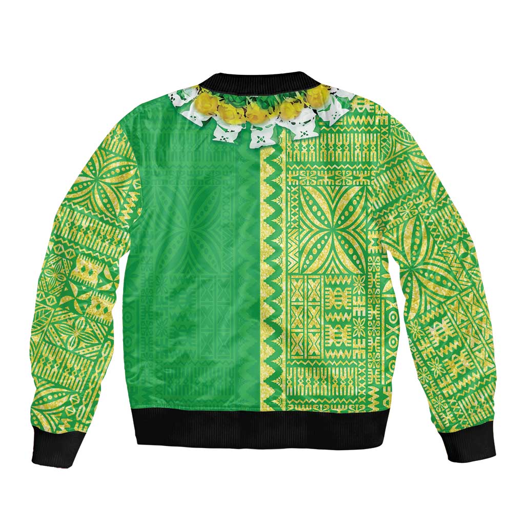 Fiji Lovoni Sleeve Zip Bomber Jacket Fijian Tapa Salusalu Green Glitter