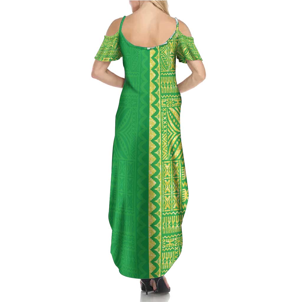 Fiji Lovoni Summer Maxi Dress Fijian Tapa Salusalu Green Glitter