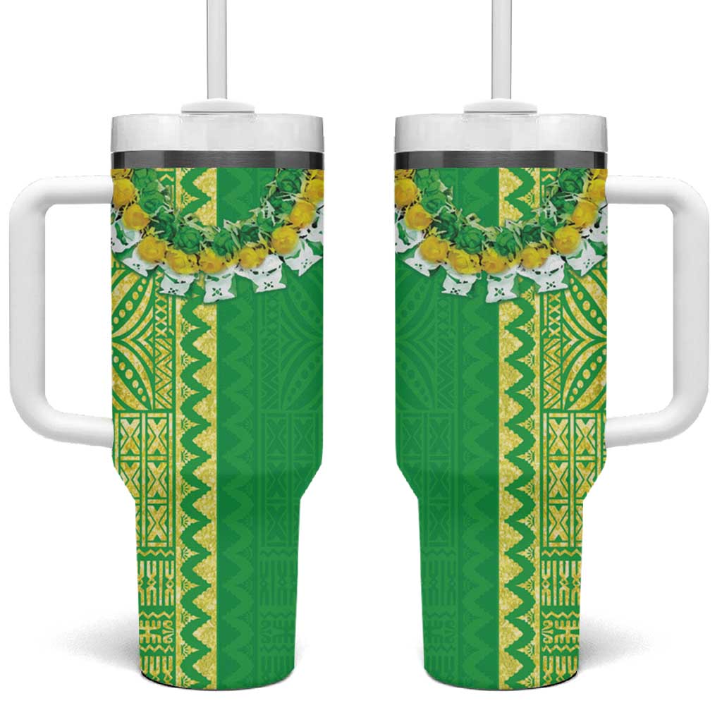 Fiji Lovoni Tumbler With Handle Fijian Tapa Salusalu Green Glitter