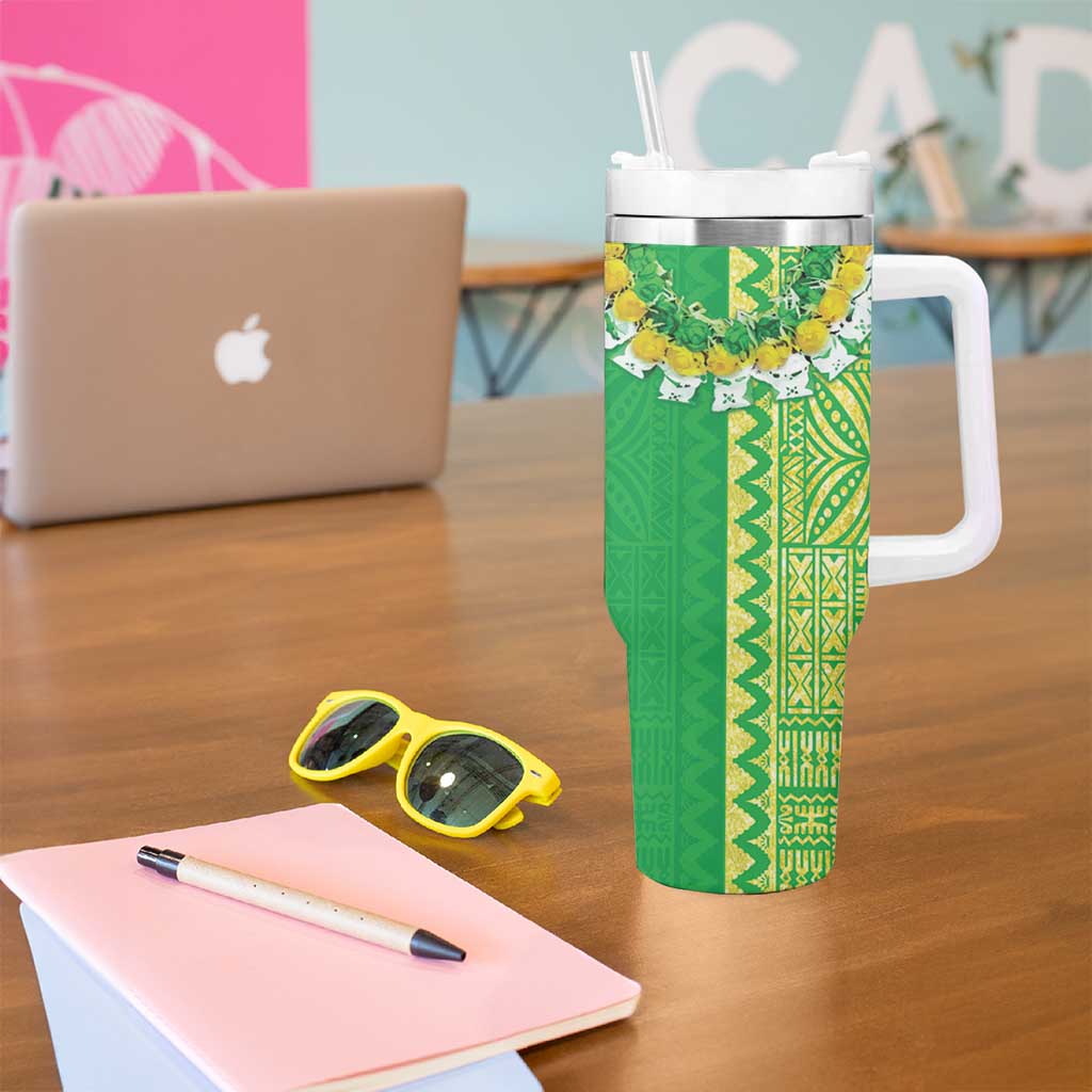 Fiji Lovoni Tumbler With Handle Fijian Tapa Salusalu Green Glitter