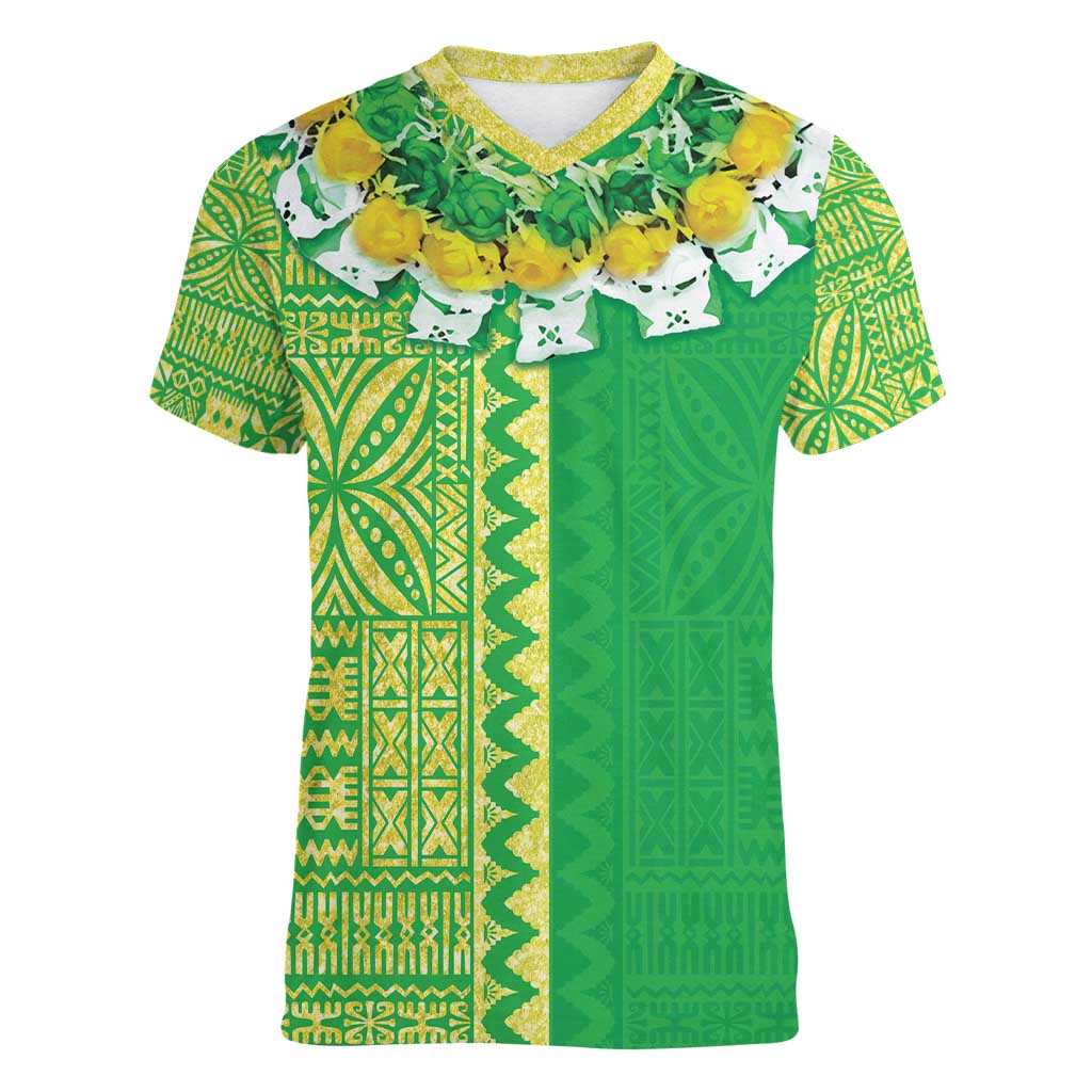 Fiji Lovoni Women V-Neck T-Shirt Fijian Tapa Salusalu Green Glitter