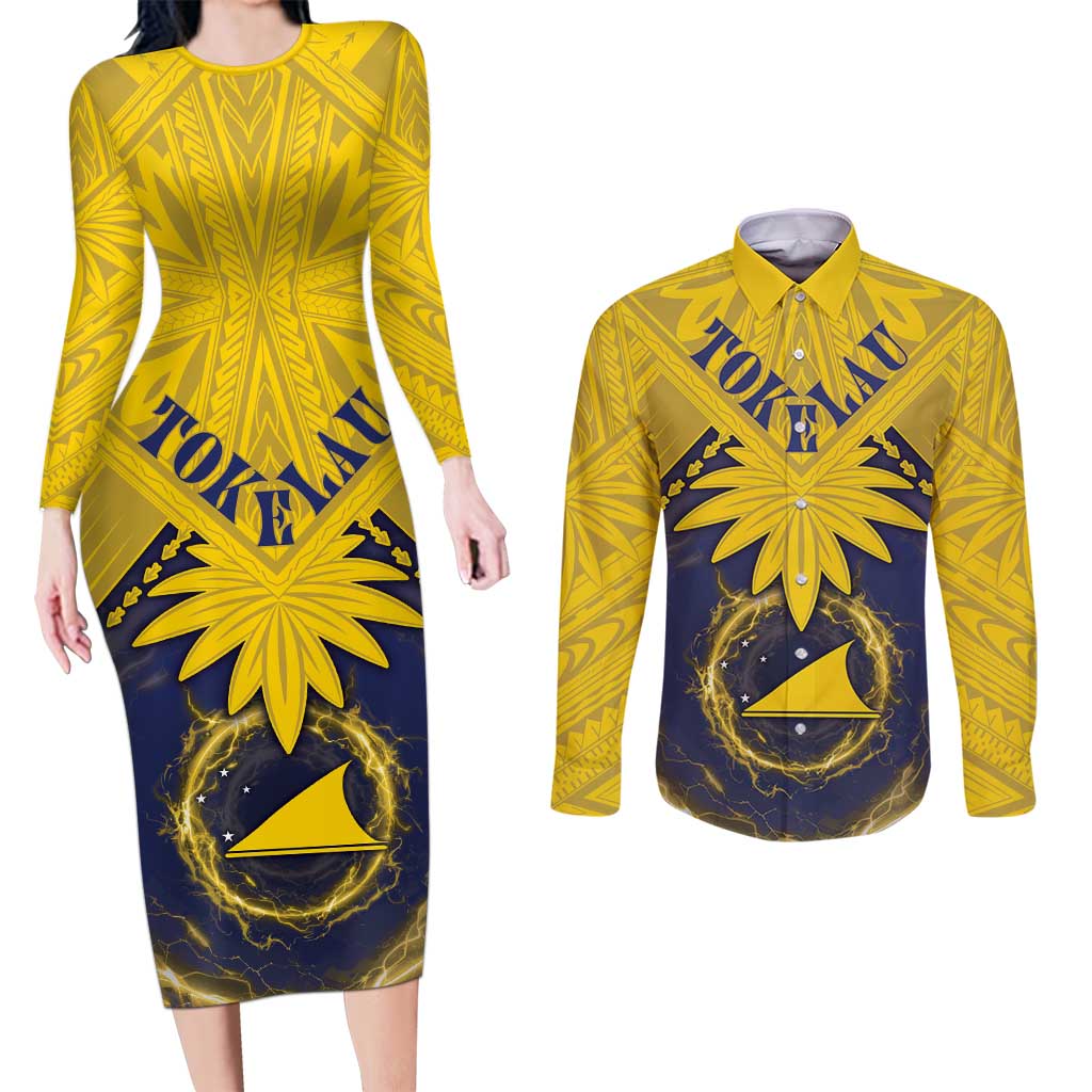 Tokelau Tokehega Day Couples Matching Long Sleeve Bodycon Dress and Long Sleeve Button Shirt National Badge Special Style - Polynesian Pride