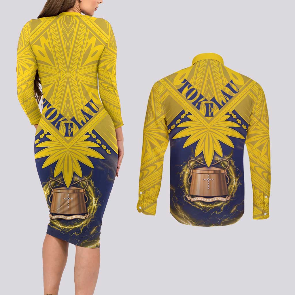 Tokelau Tokehega Day Couples Matching Long Sleeve Bodycon Dress and Long Sleeve Button Shirt National Badge Special Style - Polynesian Pride