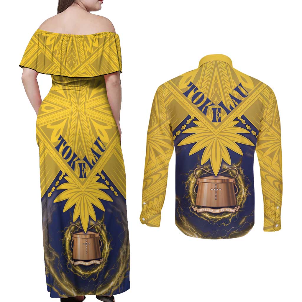 Tokelau Tokehega Day Couples Matching Off Shoulder Maxi Dress and Long Sleeve Button Shirt National Badge Special Style - Polynesian Pride