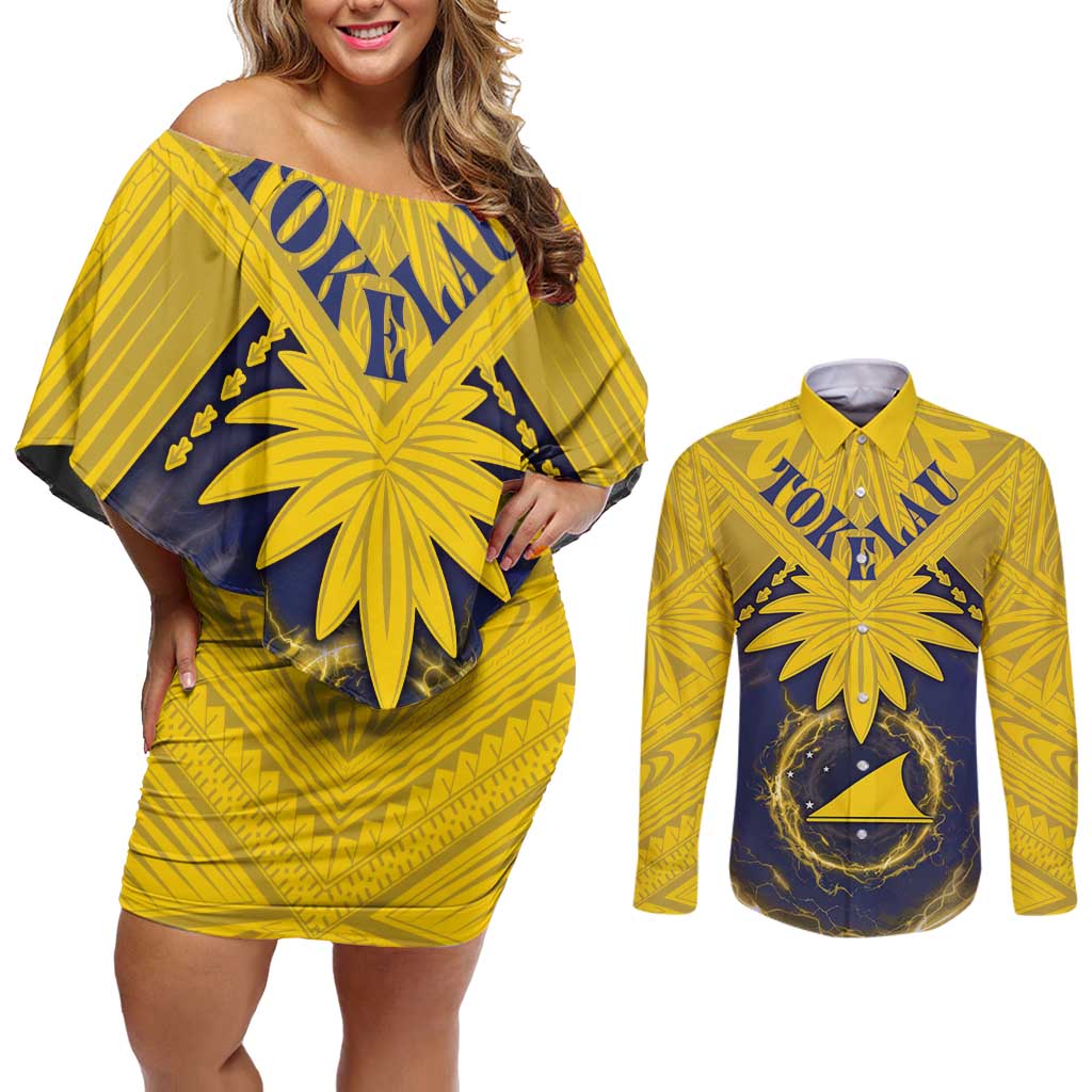 Tokelau Tokehega Day Couples Matching Off Shoulder Short Dress and Long Sleeve Button Shirt National Badge Special Style - Polynesian Pride
