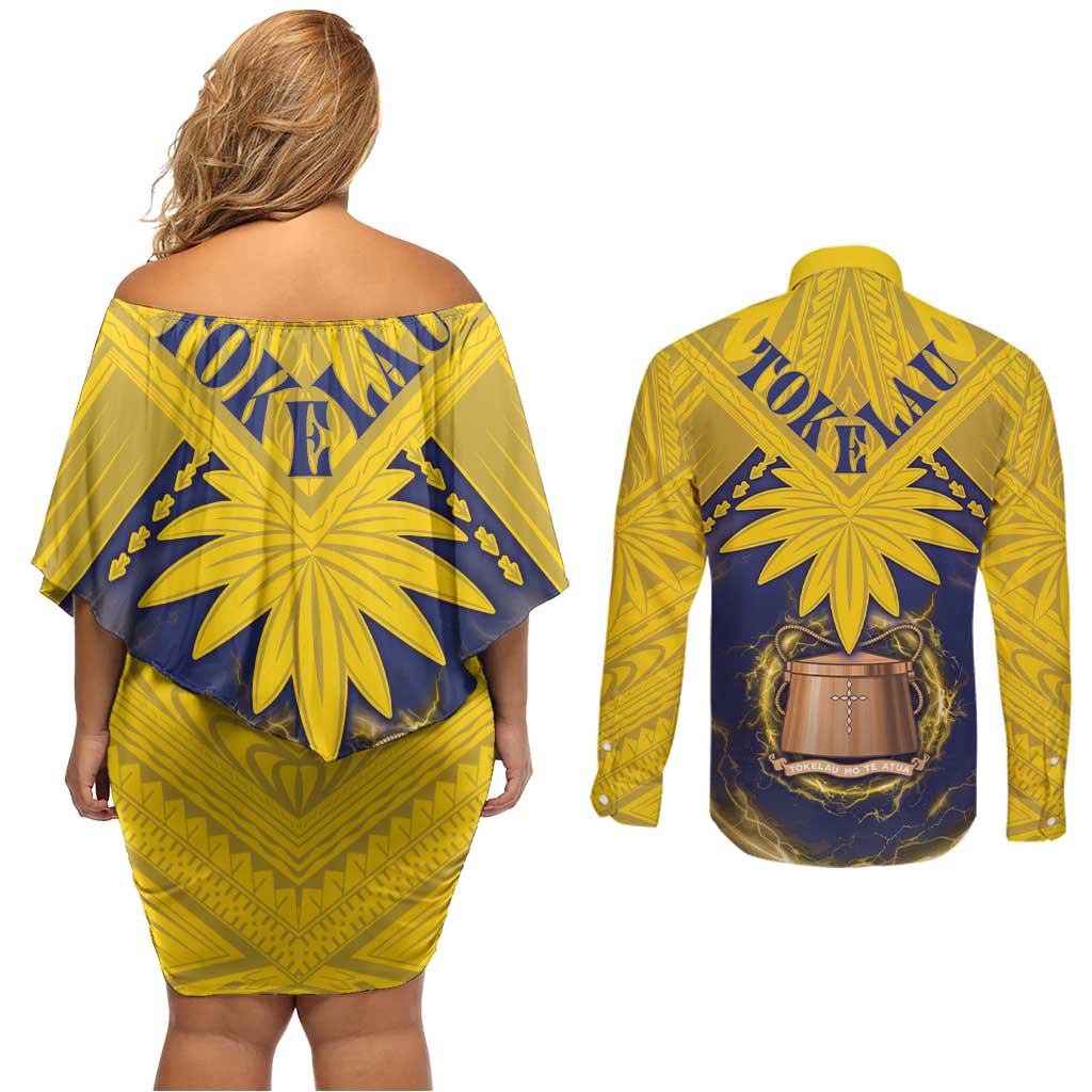 Tokelau Tokehega Day Couples Matching Off Shoulder Short Dress and Long Sleeve Button Shirt National Badge Special Style - Polynesian Pride