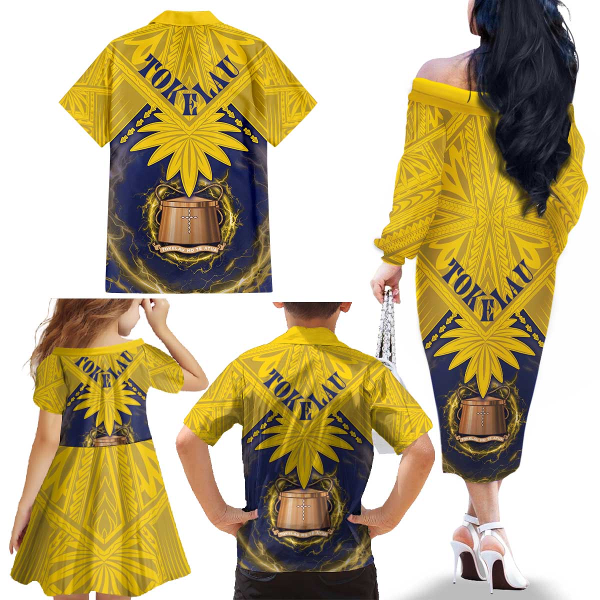 Tokelau Tokehega Day Family Matching Off The Shoulder Long Sleeve Dress and Hawaiian Shirt National Badge Special Style - Polynesian Pride
