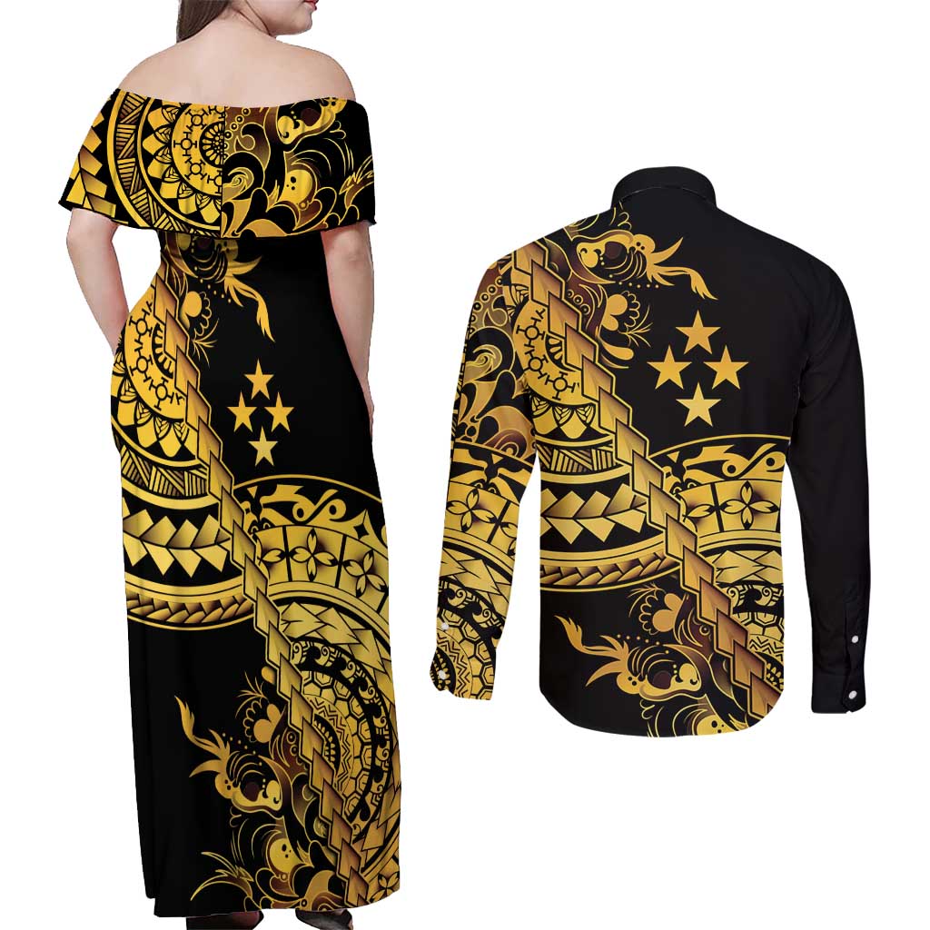 Kosrae Liberation Day Couples Matching Off Shoulder Maxi Dress and Long Sleeve Button Shirt Polynesian Floral Tattoo - Polynesian Pride