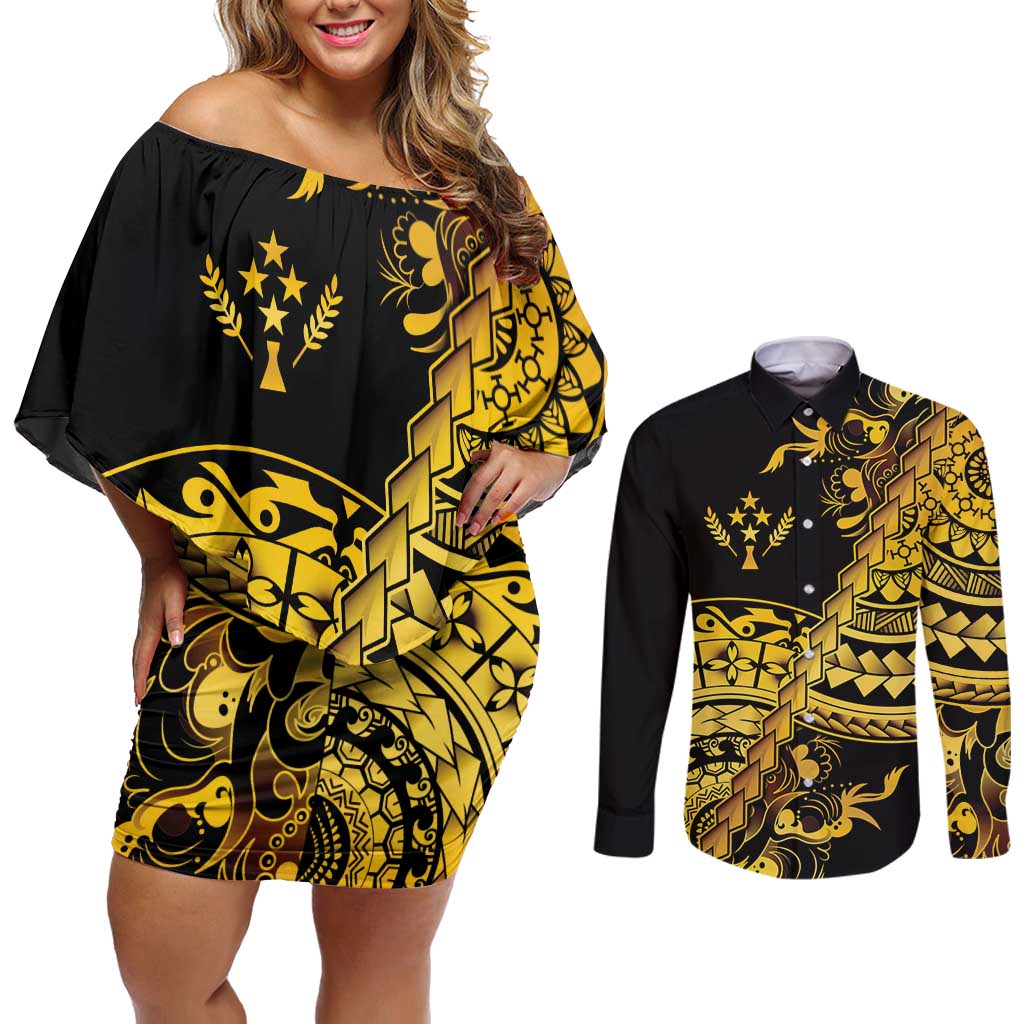 Kosrae Liberation Day Couples Matching Off Shoulder Short Dress and Long Sleeve Button Shirt Polynesian Floral Tattoo - Polynesian Pride