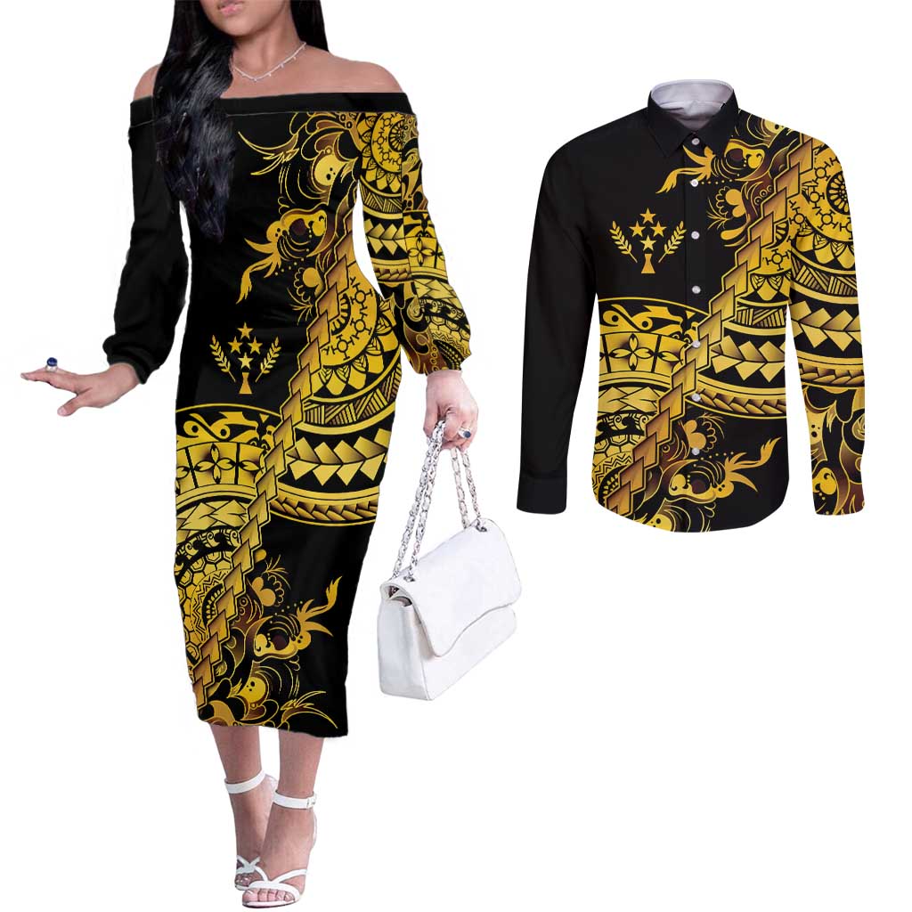 Kosrae Liberation Day Couples Matching Off The Shoulder Long Sleeve Dress and Long Sleeve Button Shirt Polynesian Floral Tattoo - Polynesian Pride