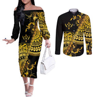 Kosrae Liberation Day Couples Matching Off The Shoulder Long Sleeve Dress and Long Sleeve Button Shirt Polynesian Floral Tattoo - Polynesian Pride