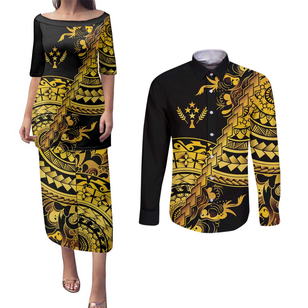 Kosrae Liberation Day Couples Matching Puletasi and Long Sleeve Button Shirt Polynesian Floral Tattoo - Polynesian Pride
