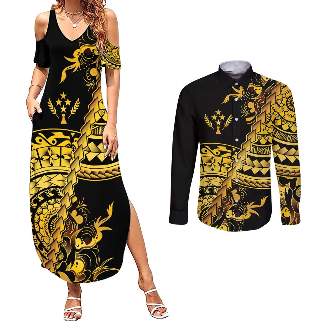 Kosrae Liberation Day Couples Matching Summer Maxi Dress and Long Sleeve Button Shirt Polynesian Floral Tattoo - Polynesian Pride