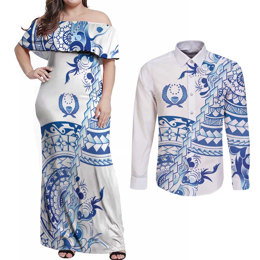 Pohnpei Liberation Day Couples Matching Off Shoulder Maxi Dress and Long Sleeve Button Shirt Polynesian Floral Tattoo - Polynesian Pride