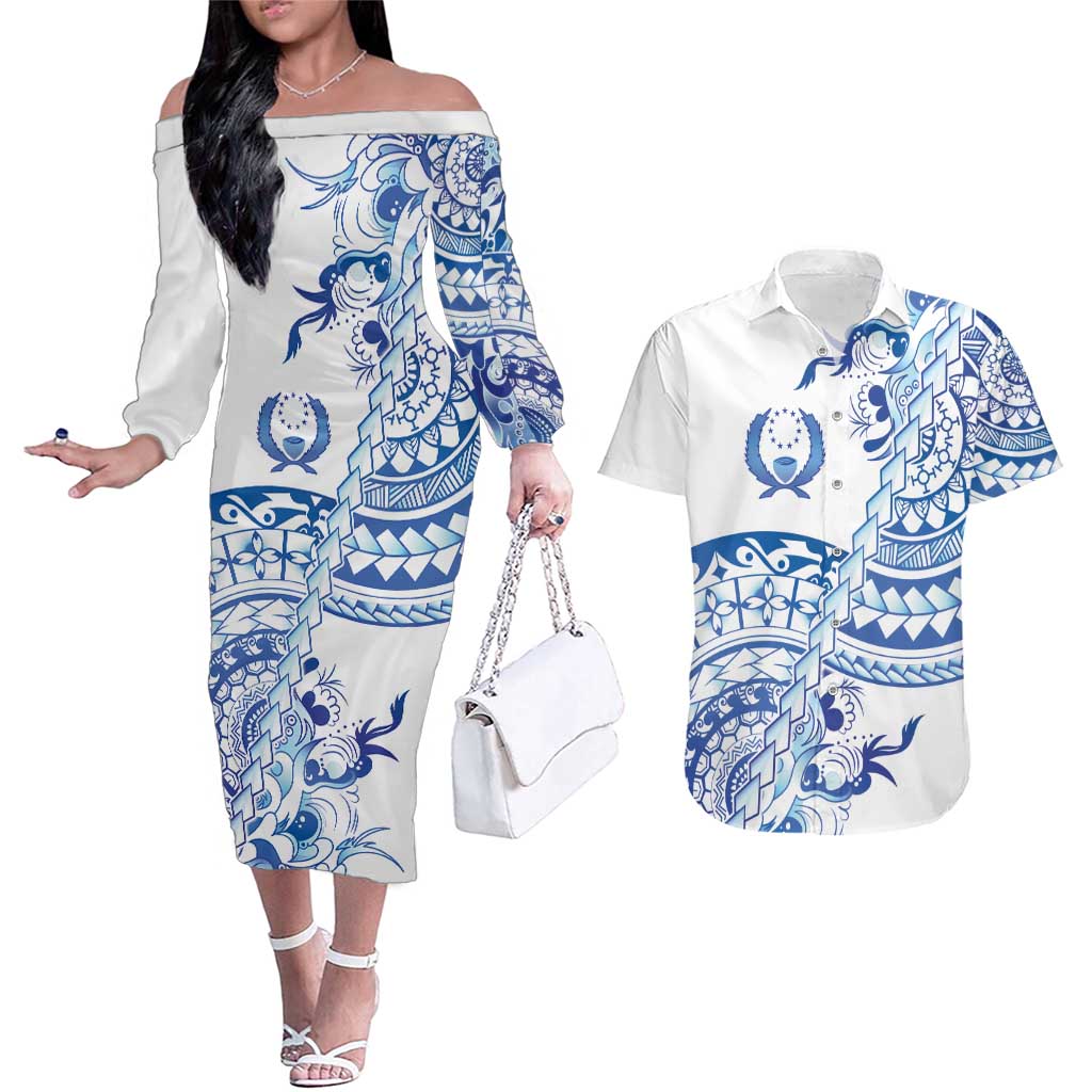 Pohnpei Liberation Day Couples Matching Off The Shoulder Long Sleeve Dress and Hawaiian Shirt Polynesian Floral Tattoo - Polynesian Pride