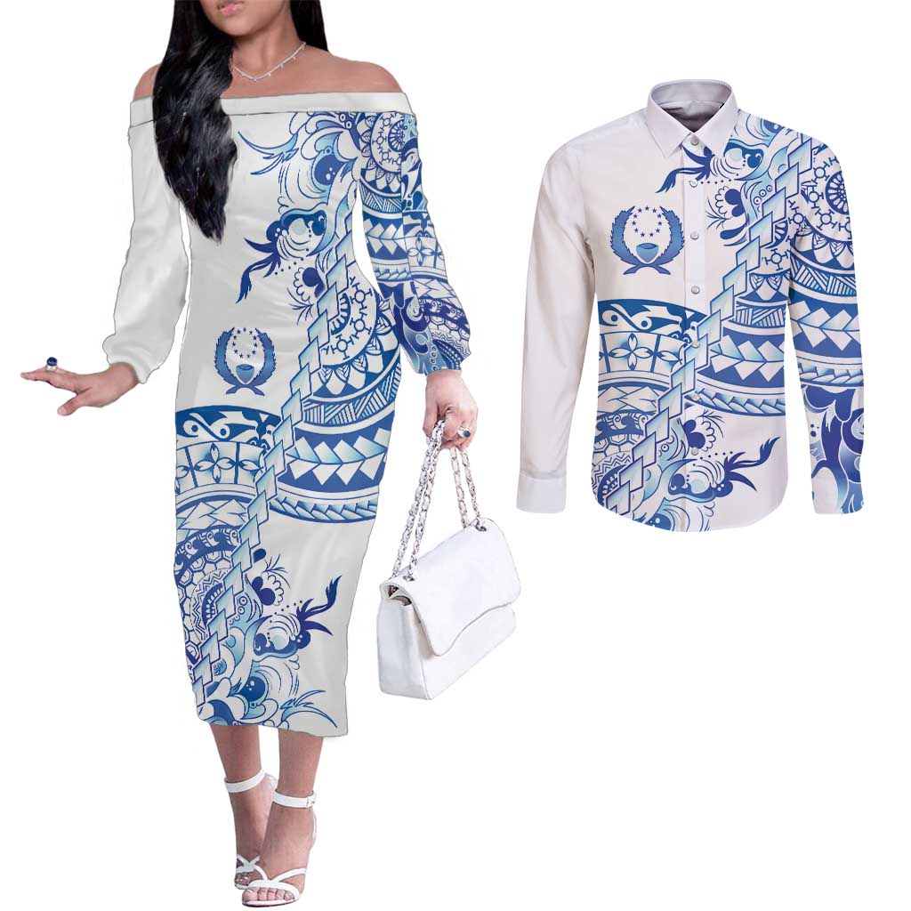 Pohnpei Liberation Day Couples Matching Off The Shoulder Long Sleeve Dress and Long Sleeve Button Shirt Polynesian Floral Tattoo - Polynesian Pride