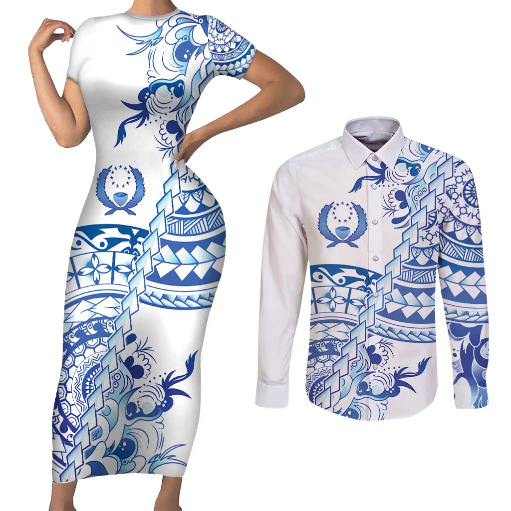 Pohnpei Liberation Day Couples Matching Short Sleeve Bodycon Dress and Long Sleeve Button Shirt Polynesian Floral Tattoo - Polynesian Pride