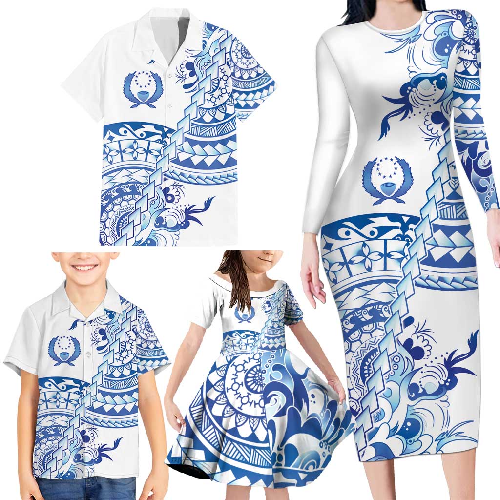 Pohnpei Liberation Day Family Matching Long Sleeve Bodycon Dress and Hawaiian Shirt Polynesian Floral Tattoo - Polynesian Pride