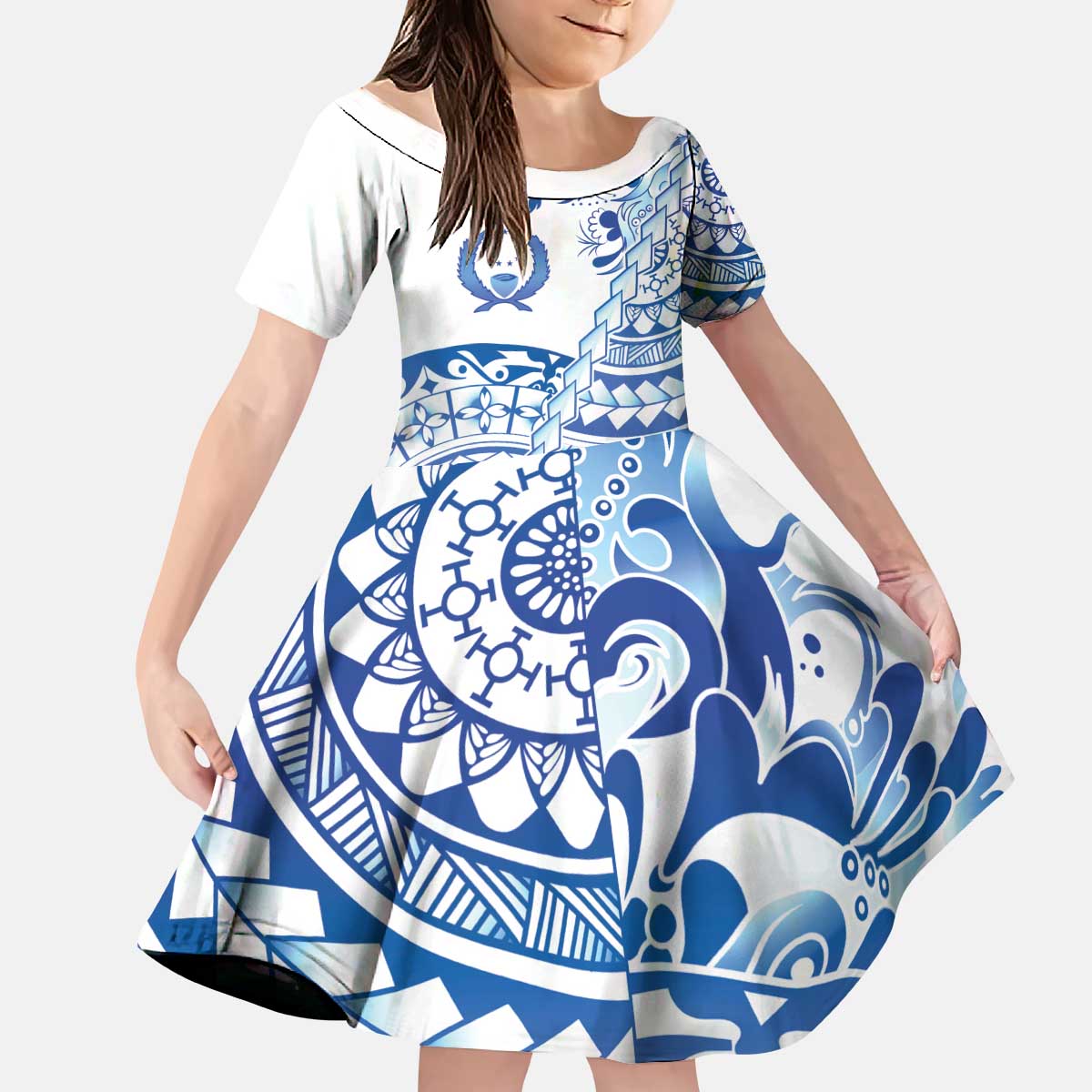 Pohnpei Liberation Day Kid Short Sleeve Dress Polynesian Floral Tattoo - Polynesian Pride