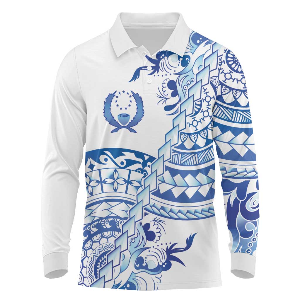 Pohnpei Liberation Day Long Sleeve Polo Shirt Polynesian Floral Tattoo - Polynesian Pride