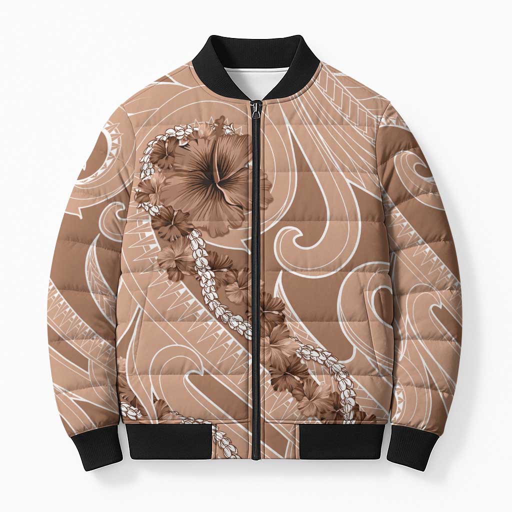 Hawaii Brown Hibiscus Pikake Lei Bomber Puffer Jacket - Polynesian Pride