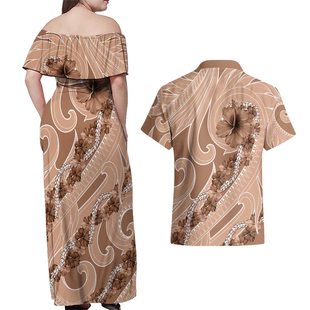 Hawaii Brown Hibiscus Pikake Lei Couples Matching Off Shoulder Maxi Dress and Hawaiian Shirt - Polynesian Pride