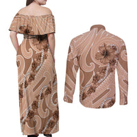 Hawaii Brown Hibiscus Pikake Lei Couples Matching Off Shoulder Maxi Dress and Long Sleeve Button Shirt - Polynesian Pride