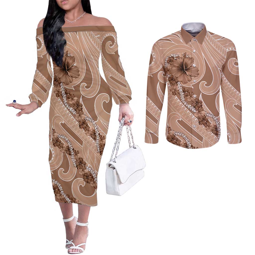 Hawaii Brown Hibiscus Pikake Lei Couples Matching Off The Shoulder Long Sleeve Dress and Long Sleeve Button Shirt - Polynesian Pride