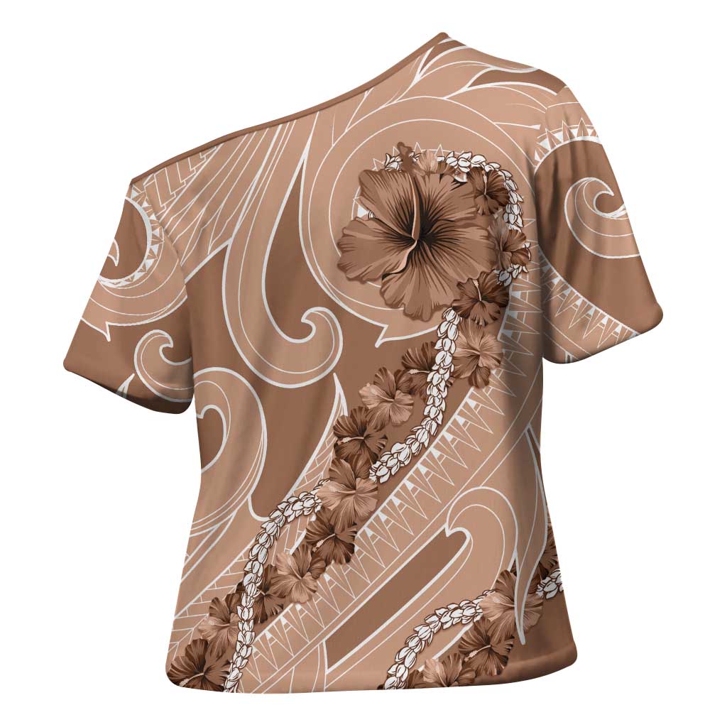 Hawaii Brown Hibiscus Pikake Lei Cross Shoulder Shirt - Polynesian Pride