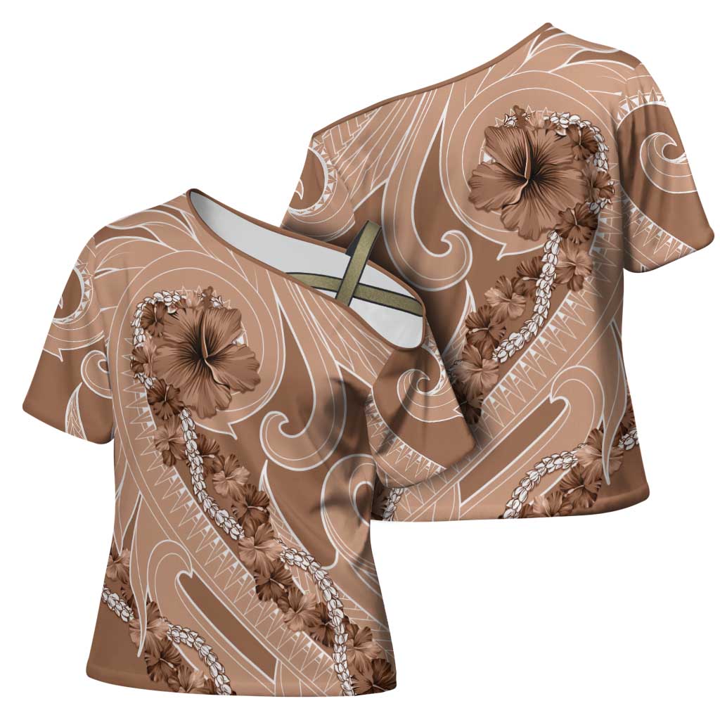 Hawaii Brown Hibiscus Pikake Lei Cross Shoulder Shirt - Polynesian Pride