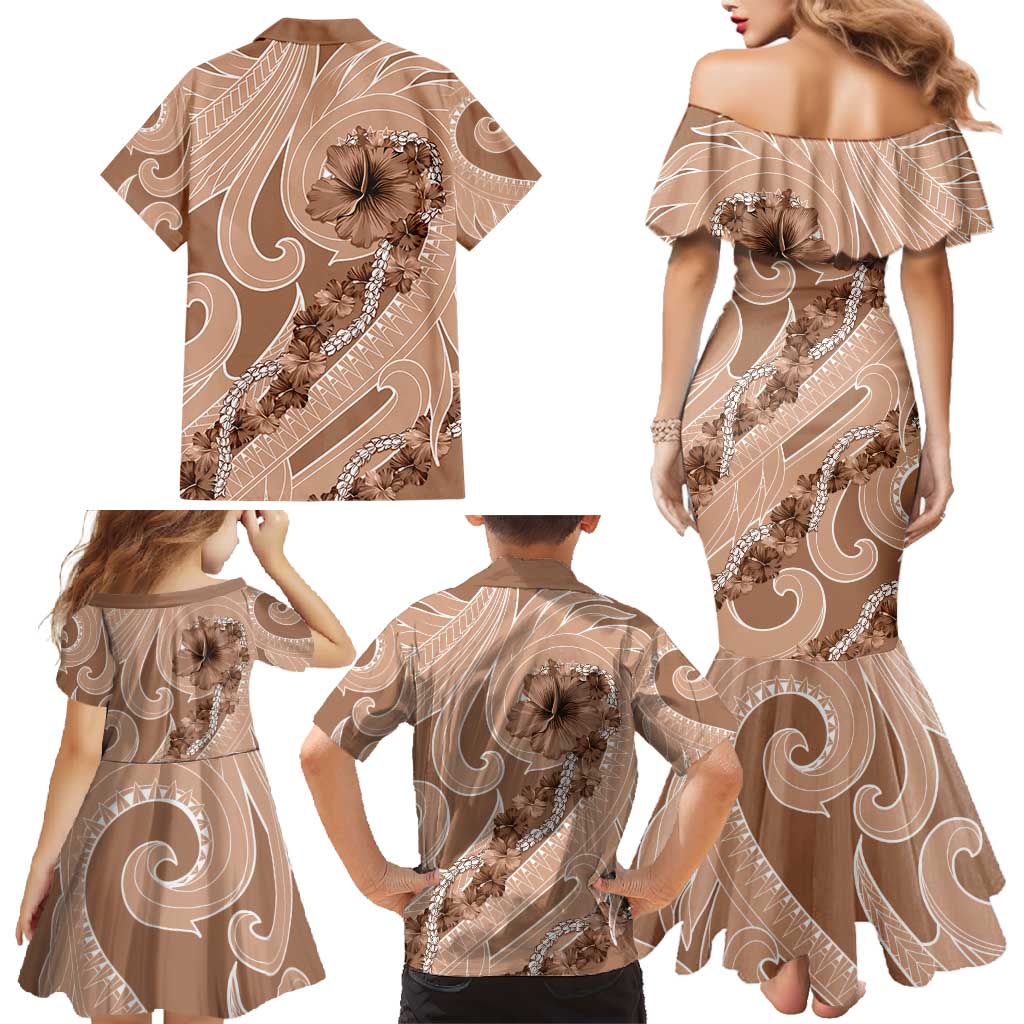 Hawaii Brown Hibiscus Pikake Lei Family Matching Mermaid Dress and Hawaiian Shirt - Polynesian Pride