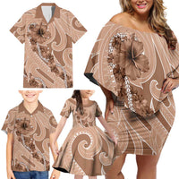 Hawaii Brown Hibiscus Pikake Lei Family Matching Off Shoulder Short Dress and Hawaiian Shirt - Polynesian Pride