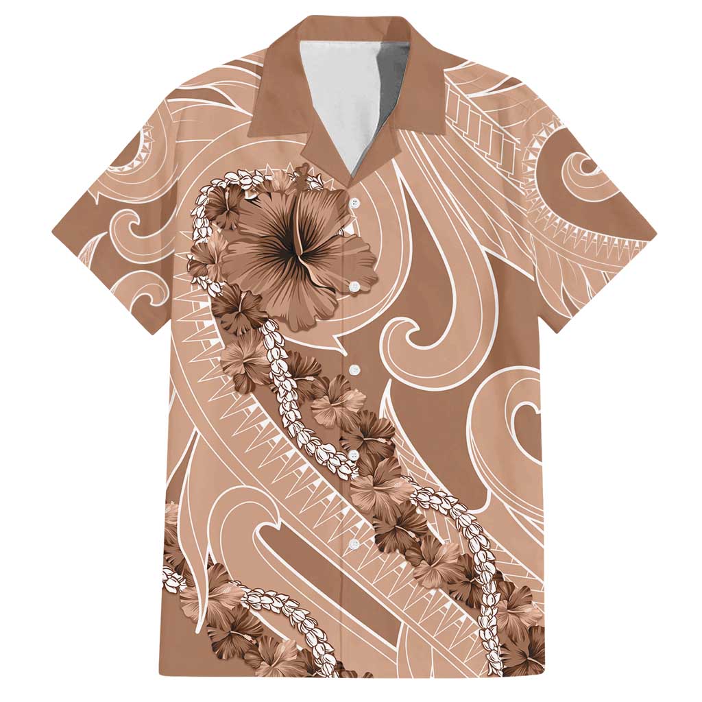 Hawaii Brown Hibiscus Pikake Lei Family Matching Off Shoulder Short Dress and Hawaiian Shirt - Polynesian Pride