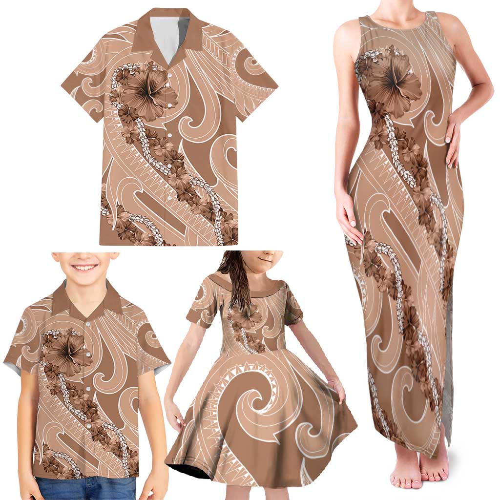 Hawaii Brown Hibiscus Pikake Lei Family Matching Tank Maxi Dress and Hawaiian Shirt - Polynesian Pride