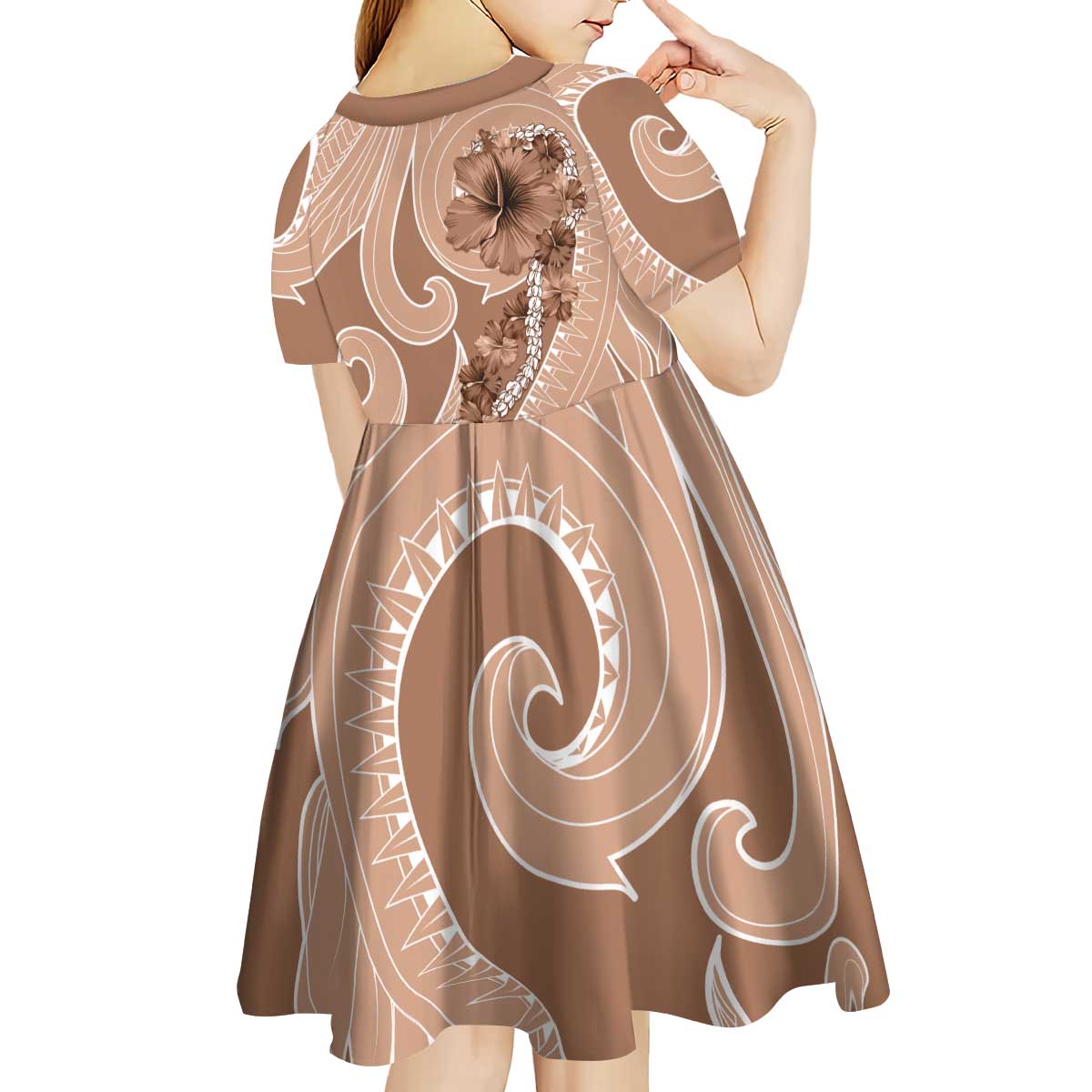 Hawaii Brown Hibiscus Pikake Lei Kid Short Sleeve Dress - Polynesian Pride