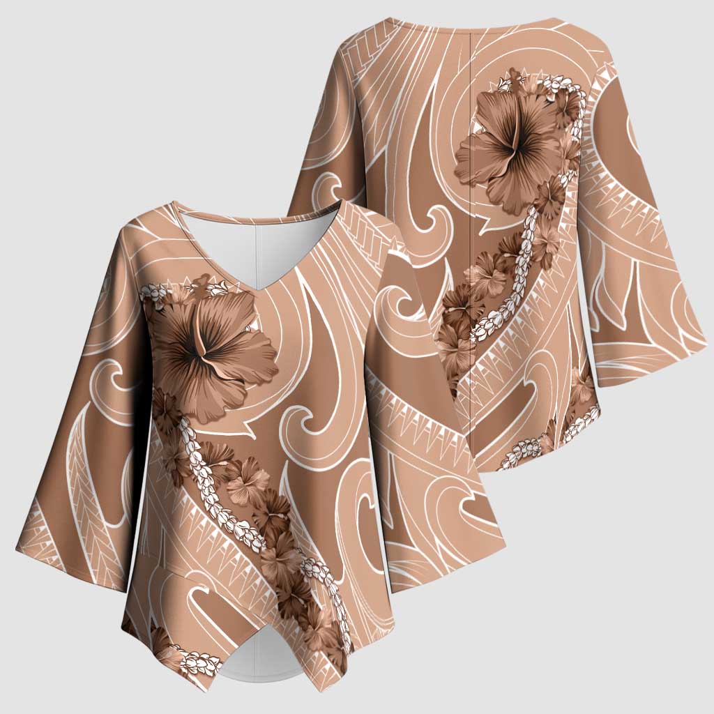 Hawaii Brown Hibiscus Pikake Lei Kimono Sleeve Blouse - Polynesian Pride