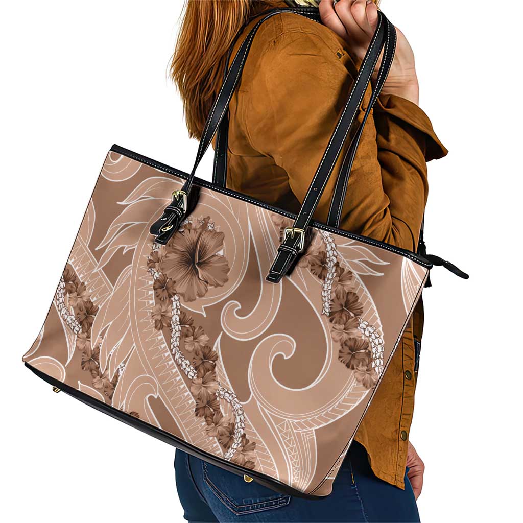 Hawaii Brown Hibiscus Pikake Lei Leather Tote Bag - Polynesian Pride