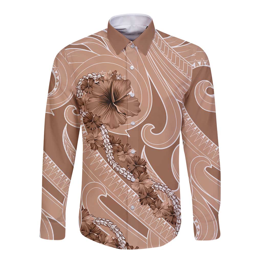 Hawaii Brown Hibiscus Pikake Lei Long Sleeve Button Shirt - Polynesian Pride