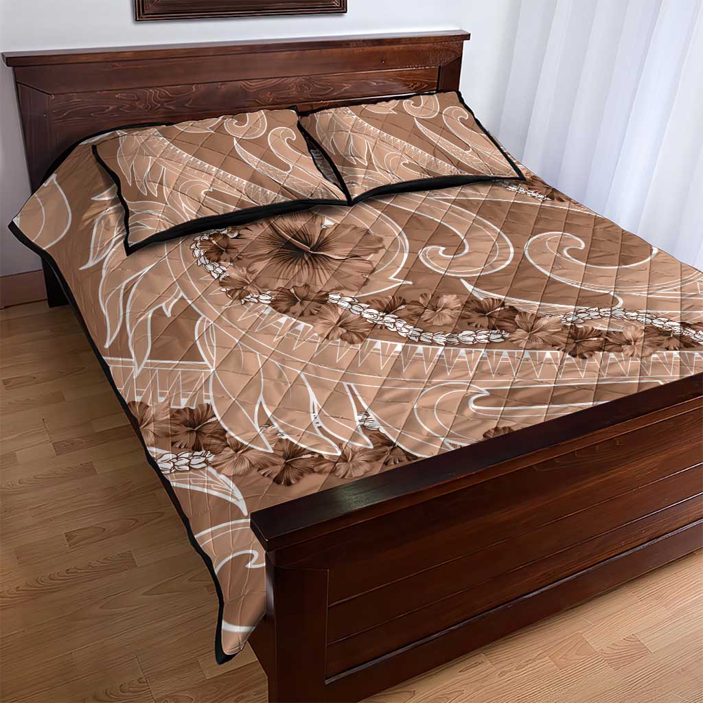 Hawaii Brown Hibiscus Pikake Lei Quilt Bed Set - Polynesian Pride
