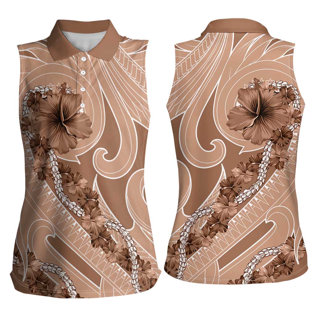 Hawaii Brown Hibiscus Pikake Lei Women Sleeveless Polo Shirt - Polynesian Pride