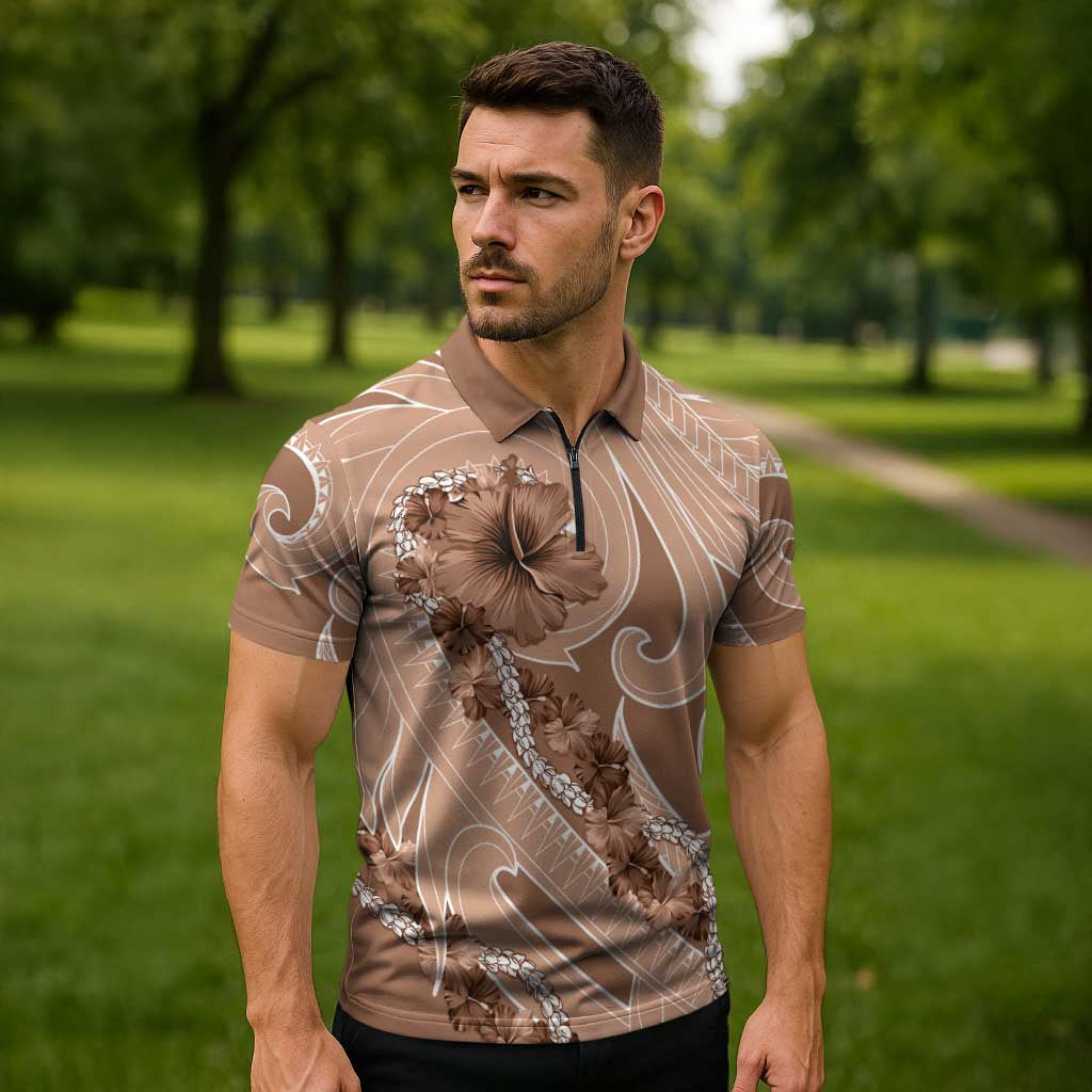 Hawaii Brown Hibiscus Pikake Lei Zipper Polo Shirt - Polynesian Pride